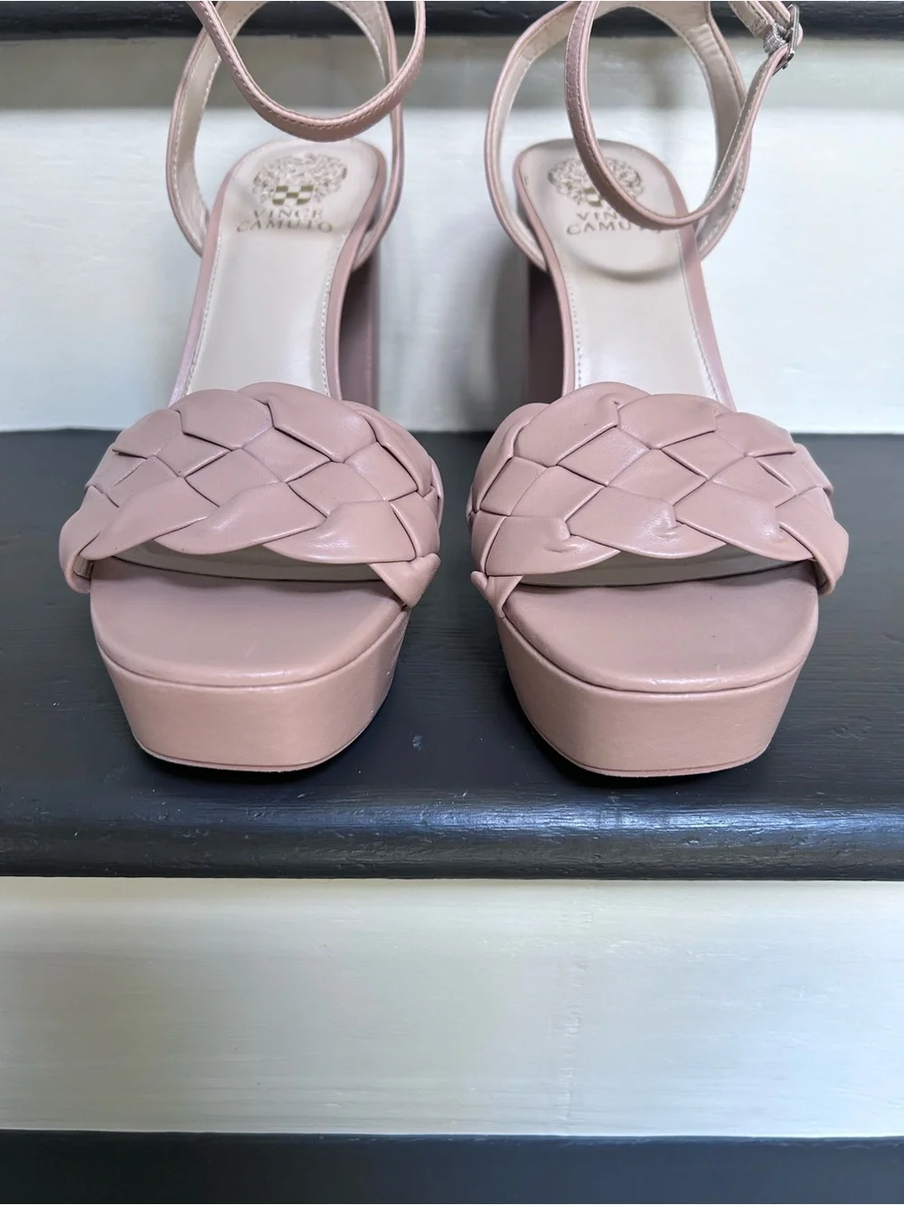 Vince Camuto Women’s Mirinda Woven Platform Block Heels Beige Sandals, Size 9.5
